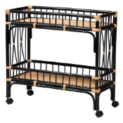 bali & pari Dalinda Modern Bohemian Two-Tone Black and Natural Brown Rattan 2-Tier Kitchen Cart